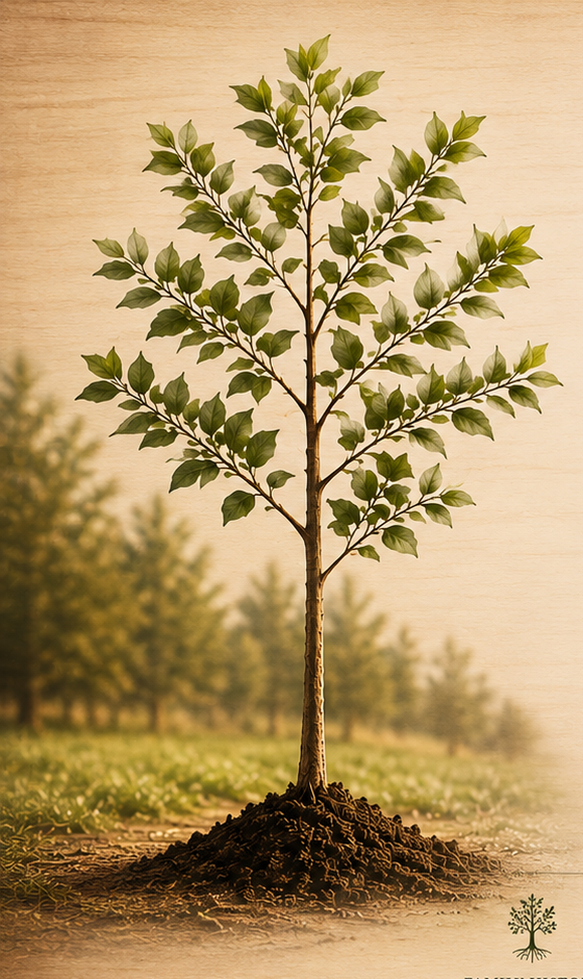A young tree growing in warm sunlight